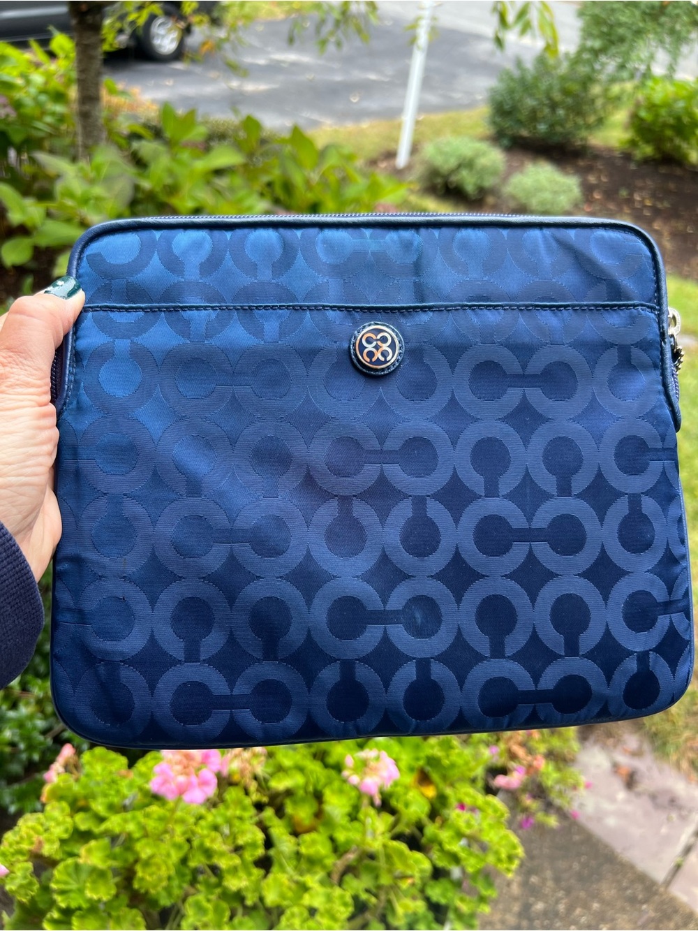 Coach Navy Signature Tech Sleeve with Round Logo Medallion